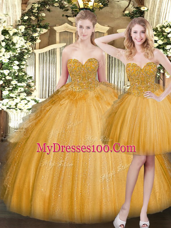 Edgy Ball Gowns Vestidos de Quinceanera Gold Sweetheart Tulle Sleeveless Floor Length Lace Up