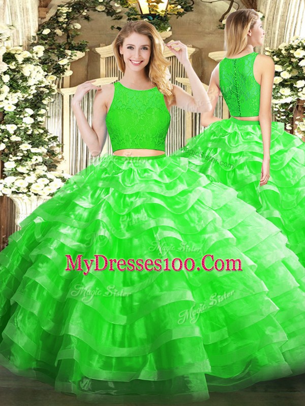 Extravagant Green Sleeveless Floor Length Lace and Ruffled Layers Zipper Sweet 16 Dresses