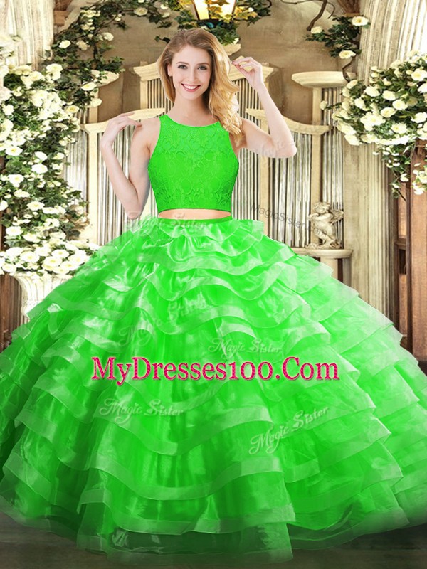 Extravagant Green Sleeveless Floor Length Lace and Ruffled Layers Zipper Sweet 16 Dresses