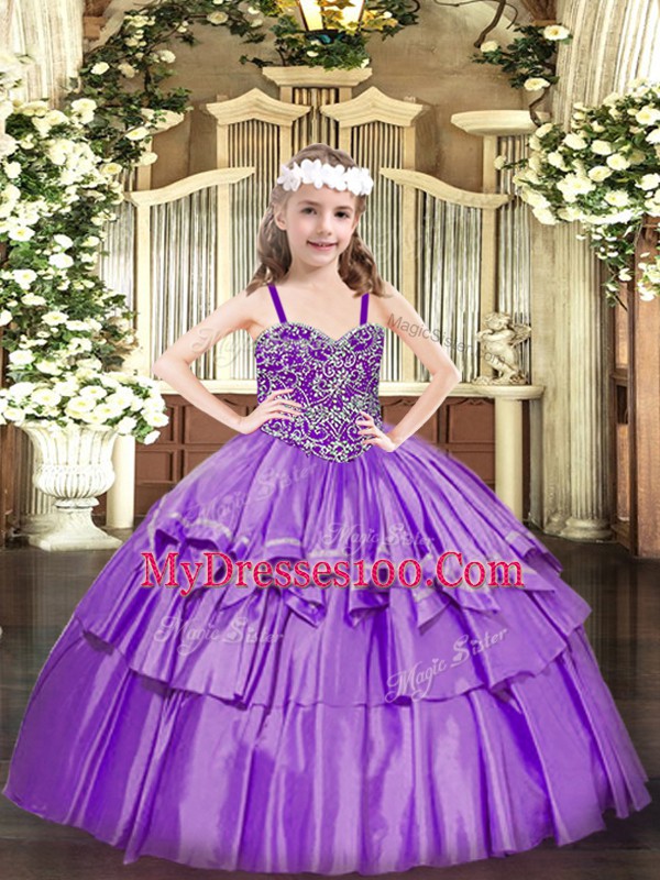 Straps Sleeveless Lace Up Pageant Gowns For Girls Lavender Organza