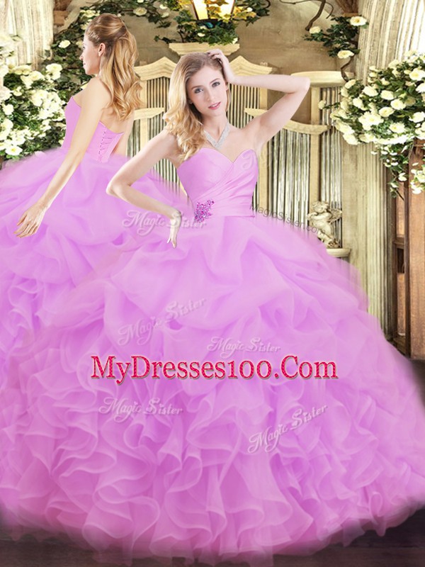 Deluxe Lilac Ball Gowns Sweetheart Sleeveless Organza Floor Length Lace Up Beading and Ruffles Quinceanera Gowns