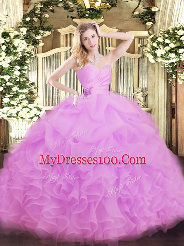 Deluxe Lilac Ball Gowns Sweetheart Sleeveless Organza Floor Length Lace Up Beading and Ruffles Quinceanera Gowns