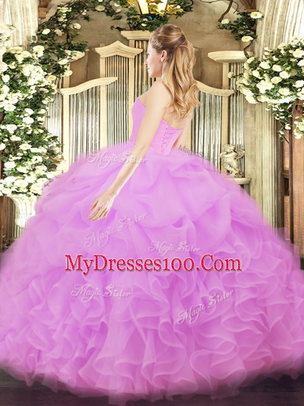 Deluxe Lilac Ball Gowns Sweetheart Sleeveless Organza Floor Length Lace Up Beading and Ruffles Quinceanera Gowns
