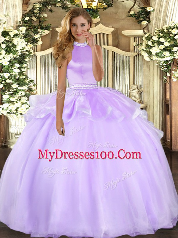 Glamorous Lavender Halter Top Backless Beading and Ruffles 15 Quinceanera Dress Sleeveless
