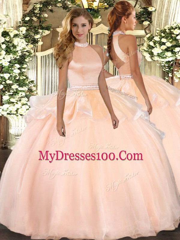 Fine Floor Length Peach 15th Birthday Dress Halter Top Sleeveless Backless