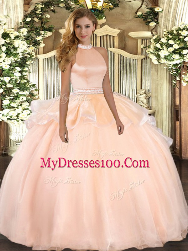Fine Floor Length Peach 15th Birthday Dress Halter Top Sleeveless Backless