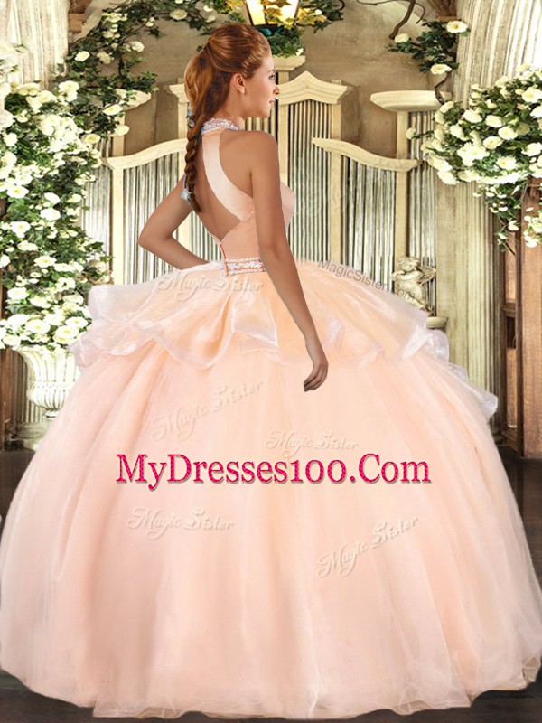 Fine Floor Length Peach 15th Birthday Dress Halter Top Sleeveless Backless
