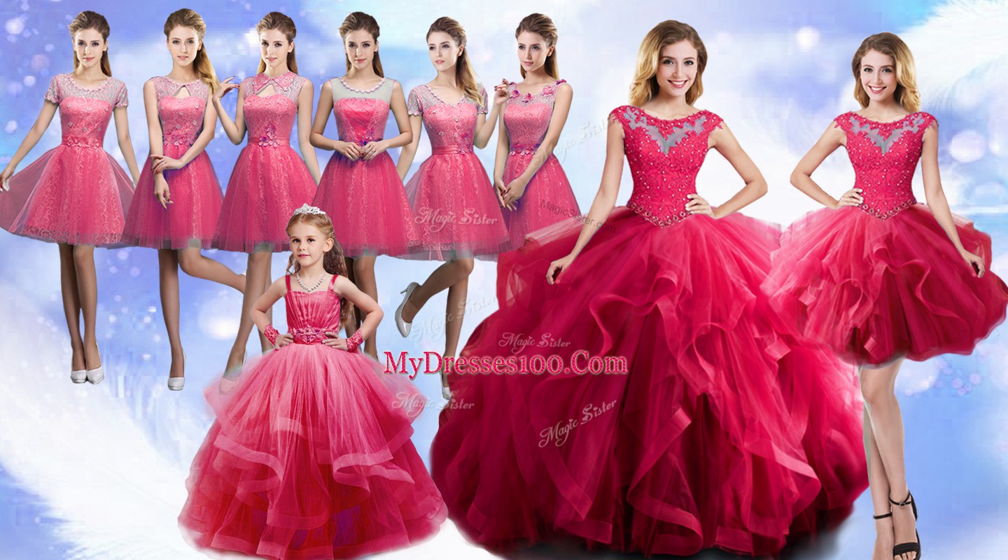 Hot Selling Hot Pink Quinceanera Gowns Military Ball and Sweet 16 and Quinceanera with Beading Scoop Sleeveless Lace Up