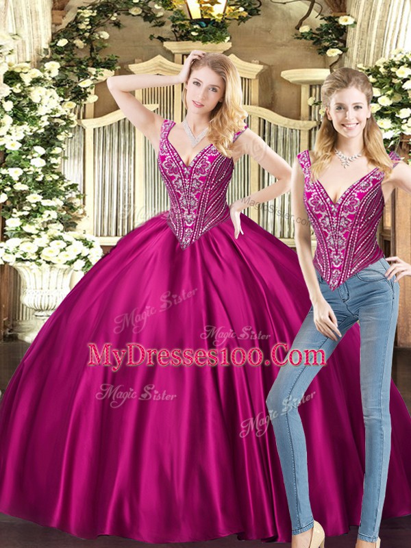Elegant Floor Length Fuchsia Ball Gown Prom Dress V-neck Sleeveless Lace Up