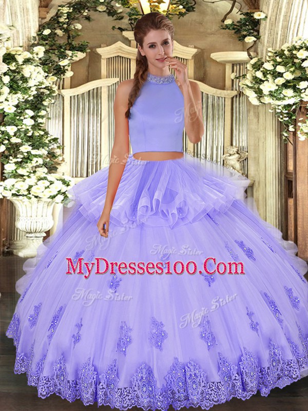 Lavender Halter Top Backless Beading and Appliques and Ruffles Sweet 16 Quinceanera Dress Sleeveless