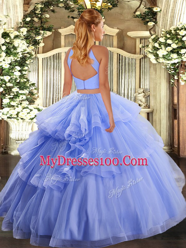 Lavender Halter Top Backless Beading and Appliques and Ruffles Sweet 16 Quinceanera Dress Sleeveless