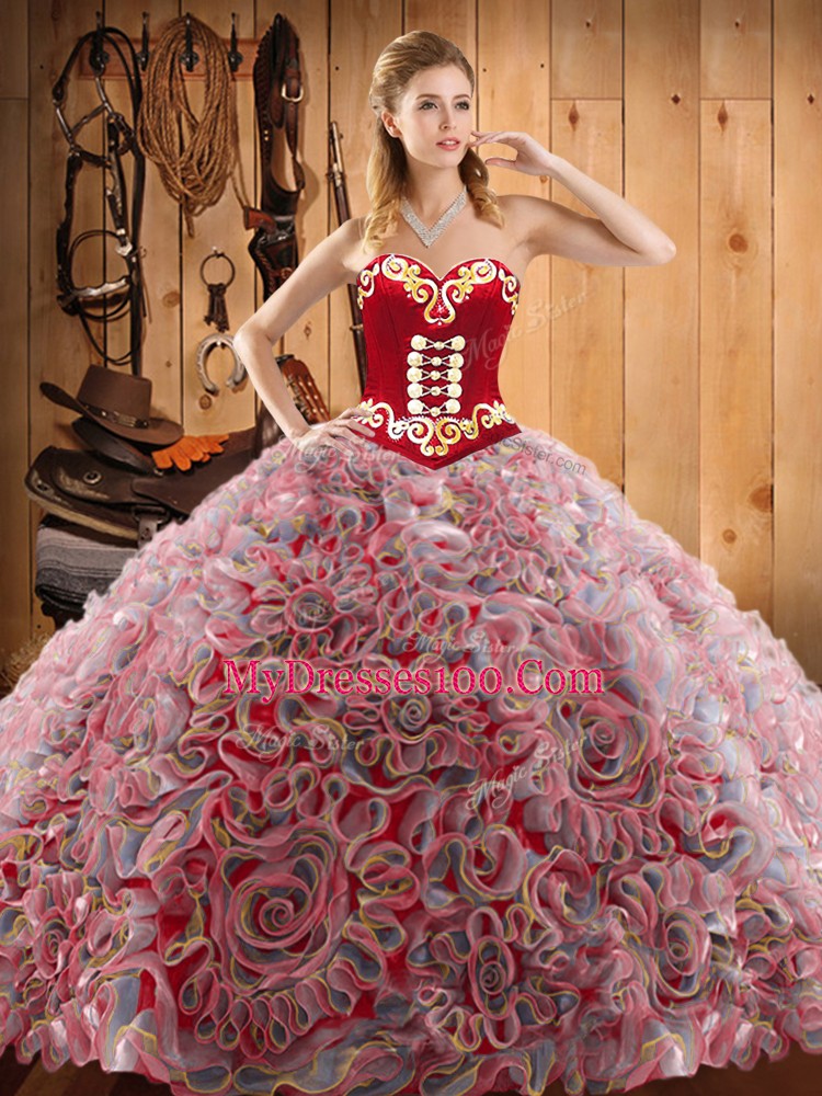 Fantastic Sleeveless With Train Embroidery Lace Up Vestidos de Quinceanera with Multi-color Sweep Train