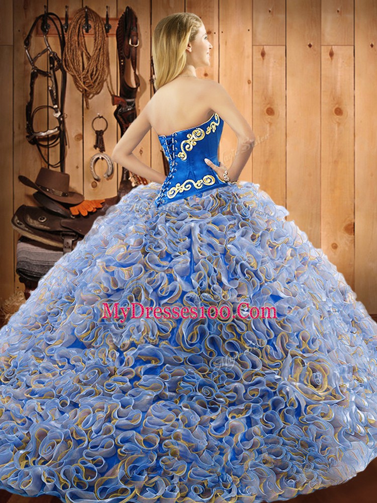 Fantastic Sleeveless With Train Embroidery Lace Up Vestidos de Quinceanera with Multi-color Sweep Train