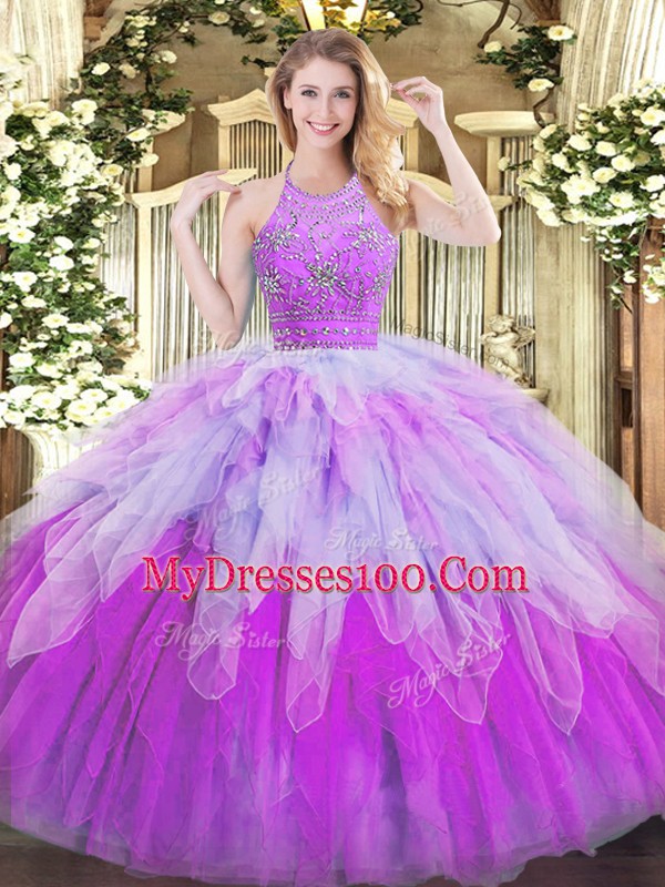 Luxury Multi-color Zipper Quinceanera Gown Beading and Ruffles Sleeveless Floor Length