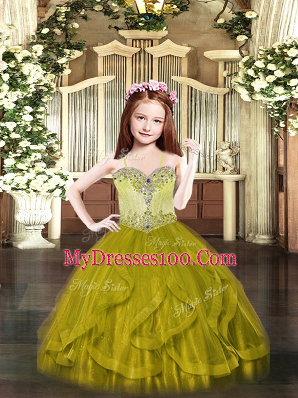Unique Sleeveless Tulle Floor Length Lace Up Child Pageant Dress in Olive Green with Beading and Ruffles