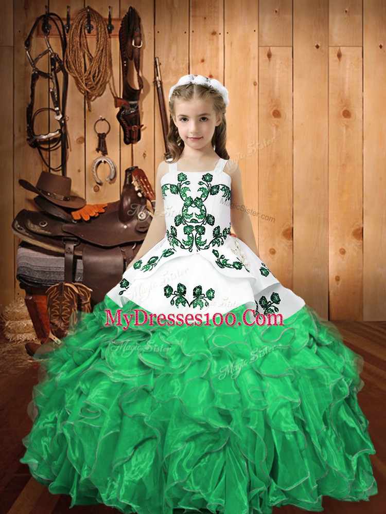 Low Price Turquoise Organza Lace Up Little Girl Pageant Dress Sleeveless Floor Length Embroidery and Ruffles