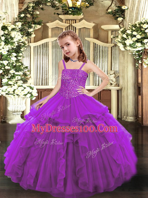 Organza Straps Sleeveless Lace Up Beading and Ruffles Girls Pageant Dresses in Purple