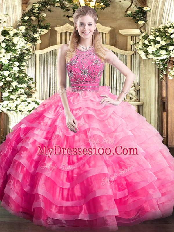 Rose Pink Halter Top Neckline Beading and Ruffled Layers Quinceanera Gown Sleeveless Zipper