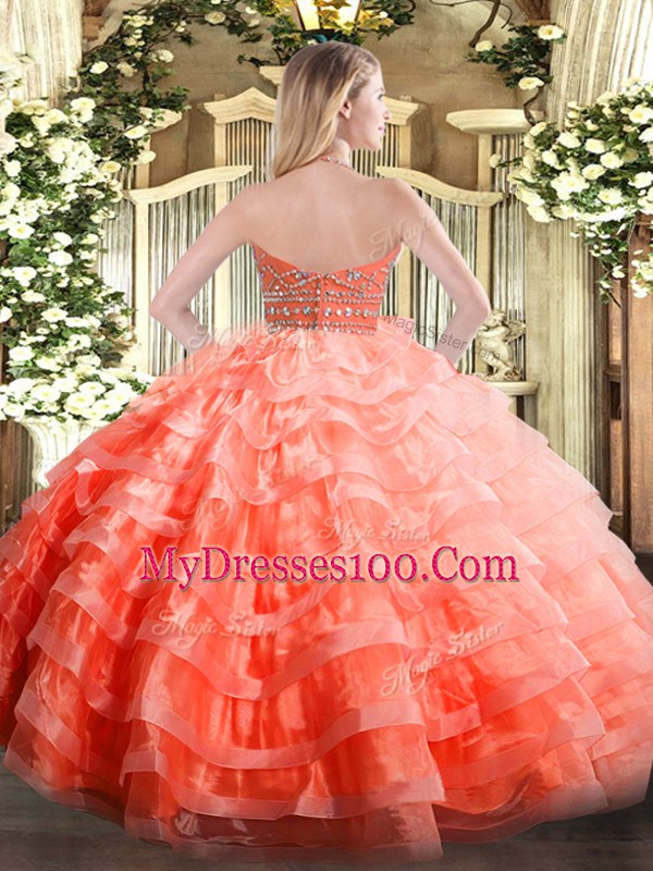 Rose Pink Halter Top Neckline Beading and Ruffled Layers Quinceanera Gown Sleeveless Zipper