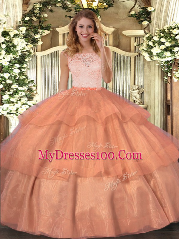 Flirting Floor Length Clasp Handle 15th Birthday Dress Orange for Military Ball and Sweet 16 and Quinceanera with Lace and Ruffled Layers