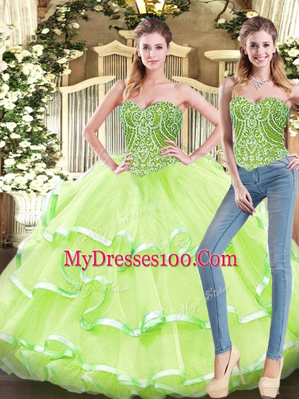 Floor Length Yellow Green Quinceanera Gown Sweetheart Sleeveless Lace Up