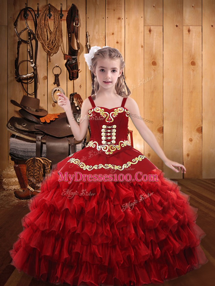 High Quality Organza Straps Sleeveless Lace Up Embroidery and Ruffled Layers Little Girls Pageant Gowns in Red