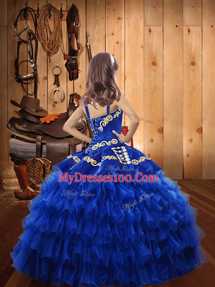 High Quality Organza Straps Sleeveless Lace Up Embroidery and Ruffled Layers Little Girls Pageant Gowns in Red