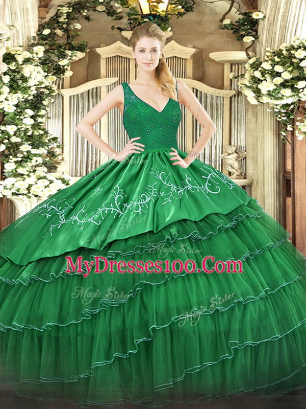 Dark Green Backless Quinceanera Gown Beading and Lace and Embroidery and Ruffled Layers Sleeveless Floor Length