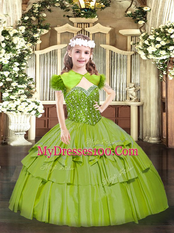 Most Popular Straps Sleeveless Lace Up Child Pageant Dress Olive Green Organza