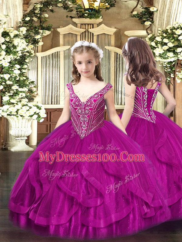 Custom Fit V-neck Sleeveless Little Girl Pageant Dress Floor Length Beading and Ruffles Fuchsia Tulle