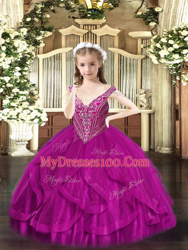 Custom Fit V-neck Sleeveless Little Girl Pageant Dress Floor Length Beading and Ruffles Fuchsia Tulle