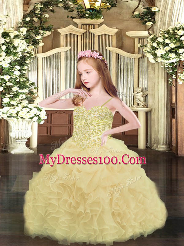 Champagne Lace Up Pageant Gowns For Girls Appliques and Ruffles and Pick Ups Sleeveless Asymmetrical