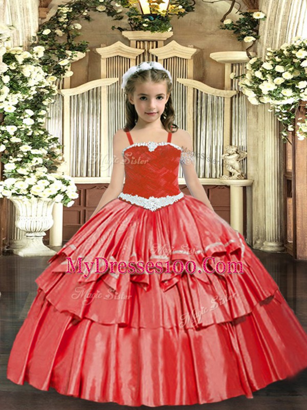 Lovely Coral Red Straps Neckline Appliques and Ruffled Layers Little Girls Pageant Dress Wholesale Sleeveless Lace Up