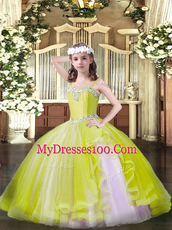 Sleeveless Tulle Floor Length Lace Up Pageant Dress for Womens in Yellow with Beading