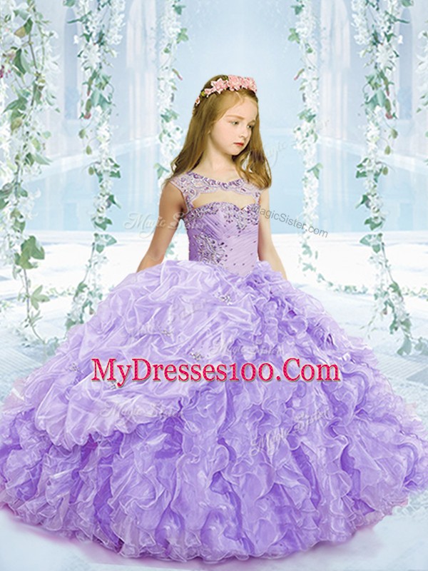 Lavender Ball Gowns Beading and Ruffles and Pick Ups Little Girl Pageant Gowns Lace Up Organza Sleeveless Floor Length