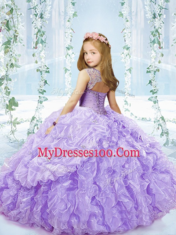 Lavender Ball Gowns Beading and Ruffles and Pick Ups Little Girl Pageant Gowns Lace Up Organza Sleeveless Floor Length