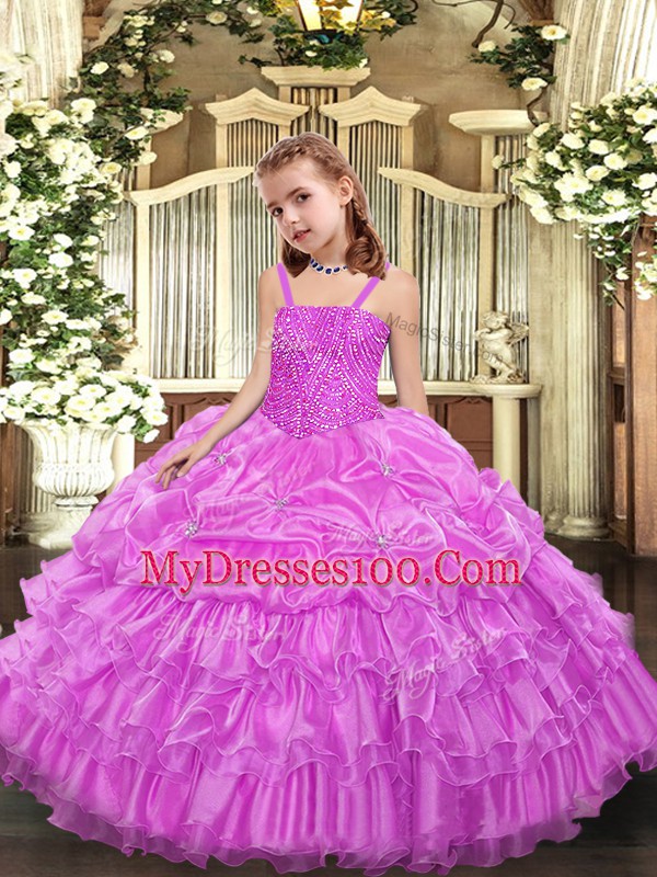Lilac Little Girls Pageant Dress Party and Sweet 16 and Quinceanera and Wedding Party with Beading and Ruffled Layers and Pick Ups Straps Sleeveless Lace Up