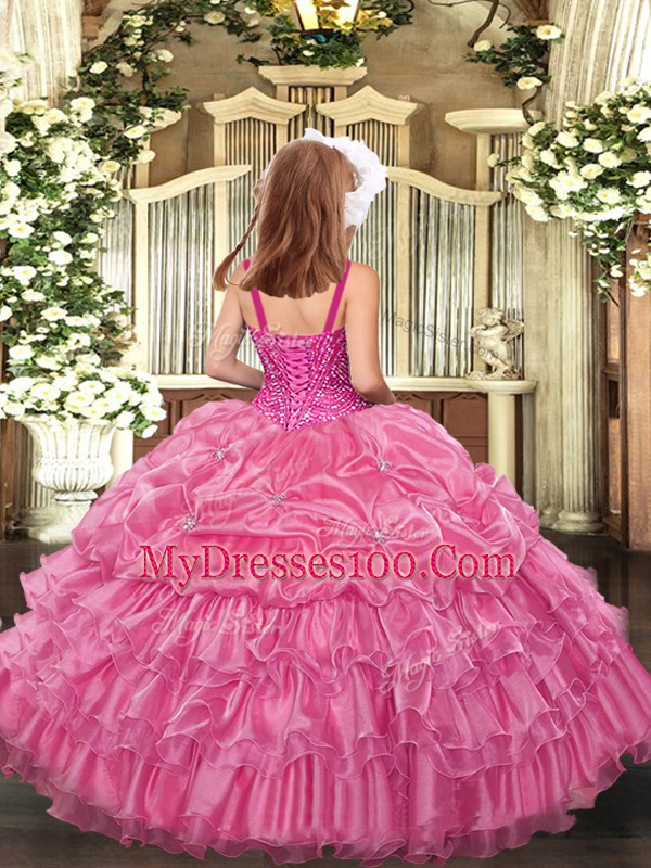 Lilac Little Girls Pageant Dress Party and Sweet 16 and Quinceanera and Wedding Party with Beading and Ruffled Layers and Pick Ups Straps Sleeveless Lace Up