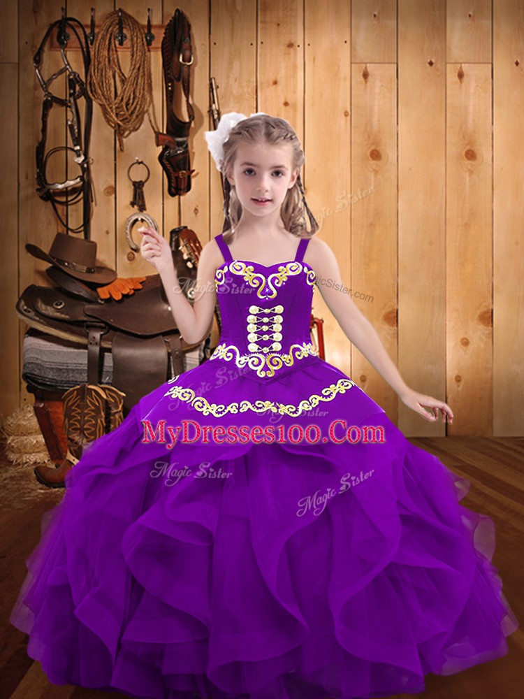 Embroidery and Ruffles Little Girl Pageant Gowns Eggplant Purple Lace Up Sleeveless Floor Length