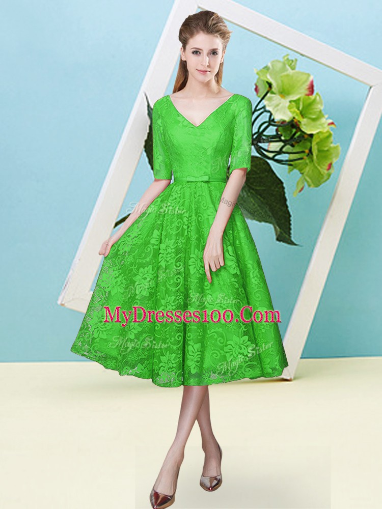 Admirable Green Lace Up Court Dresses for Sweet 16 Bowknot Half Sleeves Tea Length