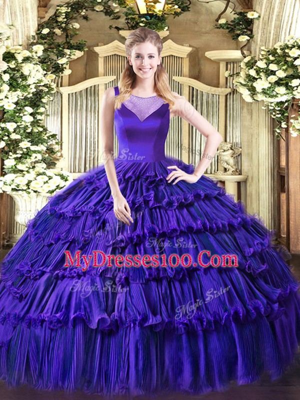 Lovely Sweetheart Sleeveless Vestidos de Quinceanera Floor Length Beading and Ruffled Layers Purple Organza