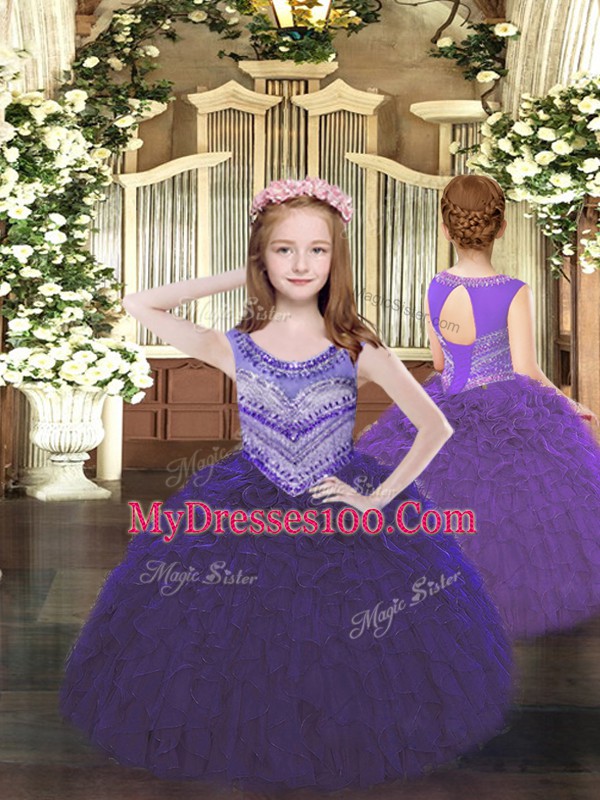 Sleeveless Organza Floor Length Lace Up Child Pageant Dress in Purple with Beading and Ruffles