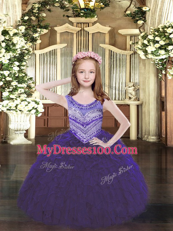 Sleeveless Organza Floor Length Lace Up Child Pageant Dress in Purple with Beading and Ruffles