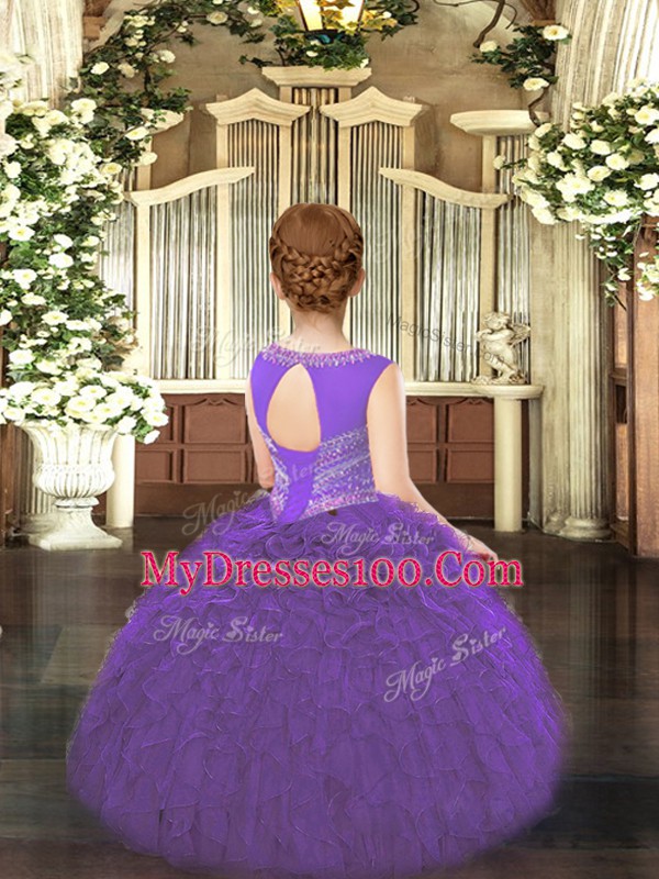 Sleeveless Organza Floor Length Lace Up Child Pageant Dress in Purple with Beading and Ruffles