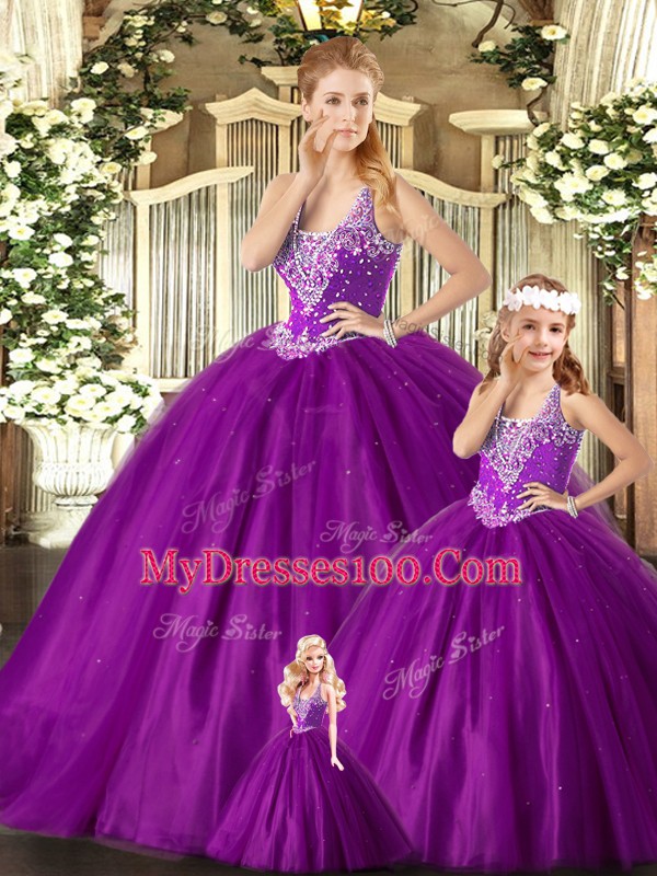 Purple Ball Gowns Tulle Straps Sleeveless Beading Floor Length Lace Up 15th Birthday Dress