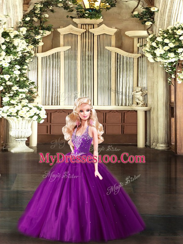 Purple Ball Gowns Tulle Straps Sleeveless Beading Floor Length Lace Up 15th Birthday Dress