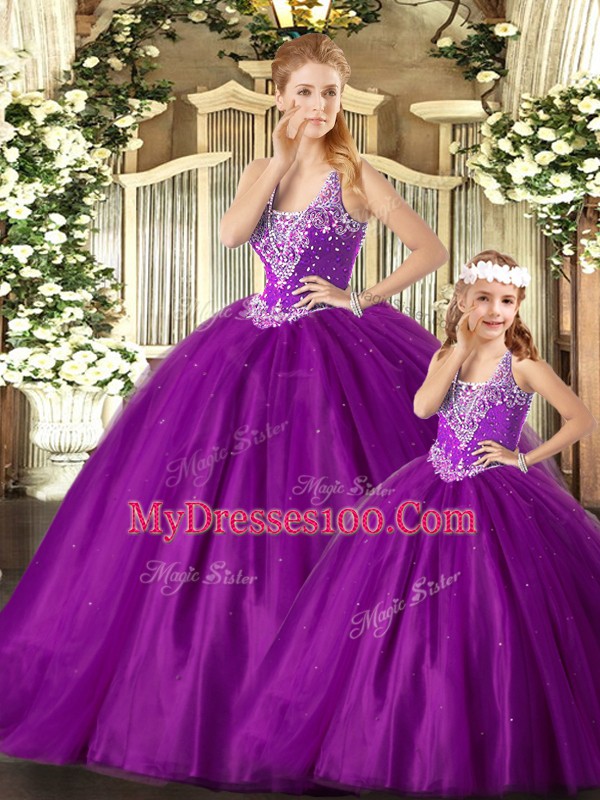 Purple Ball Gowns Tulle Straps Sleeveless Beading Floor Length Lace Up 15th Birthday Dress