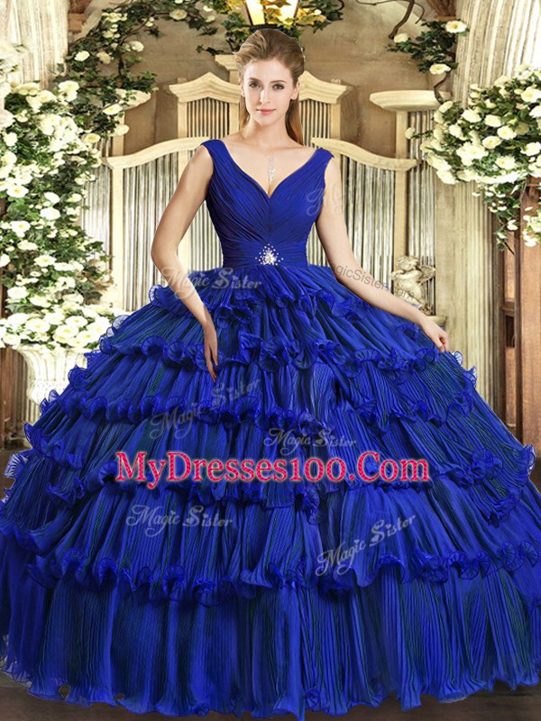 Royal Blue Organza Backless Quince Ball Gowns Sleeveless Floor Length Beading and Ruffled Layers
