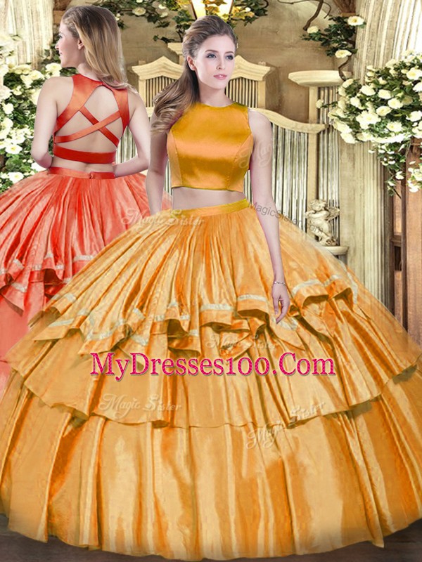 Tulle High-neck Sleeveless Criss Cross Ruffled Layers Sweet 16 Dress in Orange