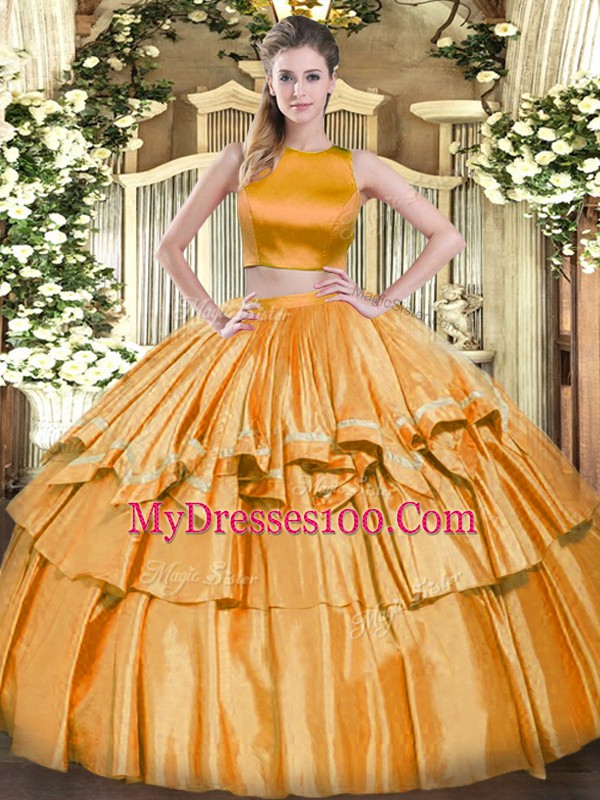 Tulle High-neck Sleeveless Criss Cross Ruffled Layers Sweet 16 Dress in Orange